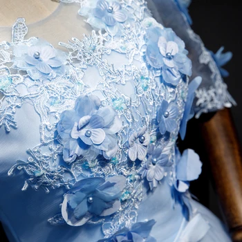 AnXin SH puķu princese zilā mežģīnes greznība vintage frēzēšana pērles loku posmā o kakla pusi piedurknēm ilūziju līgava vakara uzvalks