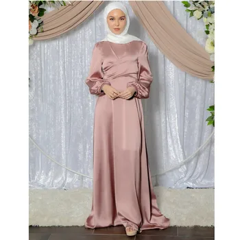 Satīna Sievietēm Musulmaņu Sen Maxi Kleita Abaya Dubaija Mežģīnes Up Islāma Arābu Drēbes, Apģērbu Kaftan Turcija Ramadāna Jilbab Caftan Eid Kleita