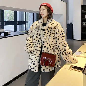 Mākslīgās Kažokādas Leoparda Drukas Mētelis Sieviešu Ziemas Temperaments Joker Īss korejiešu Versija Jauniešu Zaudēt Modes Biroja Dāma Mētelis