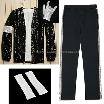 MJ Michael Jackson Billie Jean Atbilstu Apģērbs Armband Jaka, Bikses, Zeķes, Cimdi Rādīt Melnās Krāsas Kostīms Puse Cosplay Prop