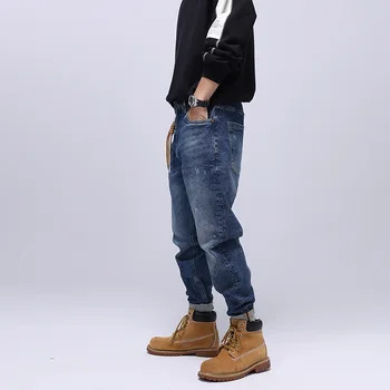 Japāņu Vintage Modes Vīriešu Džinsi Loose Fit Retro Zila Plata Kāju Ripped Džinsi Vīriešu Amerikāņu Iela Gadījuma Hip Hop Džinsa Bikses