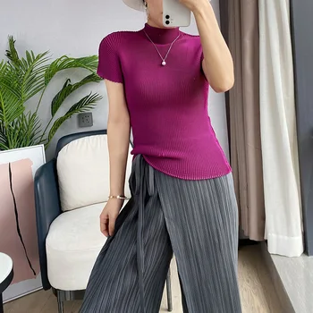 Issey Miyake dizaineru sieviešu modes nedēļa kroku īsām piedurknēm stand-up apkakle top augstas elastības plus izmēra t-krekls