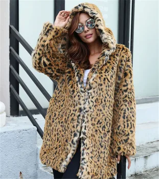 F0310 Jaunu Modes Ziemas Apģērbu Plus Lieluma Leoparda Krāsas Kapuci Mētelis Sievietēm Mākslīgās Kažokādas Mētelis