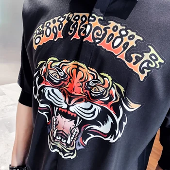 Shirs Vīriešu Sociālo Slim Fit Pollover Chemise Homme Camisa Augstas Kvalitātes Tiger Drukāt Krekls Vīriešiem Vasaras Pusi Piedurknēm Gadījuma Streetwear