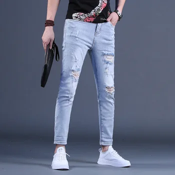 Jauns Vīriešu Ripped Džinsi Vasarā Gadījuma Gaiši Zils Kokvilnas Džinsa Bikses Vīriešu Streetwear Caurumi Slim Fit Bikses