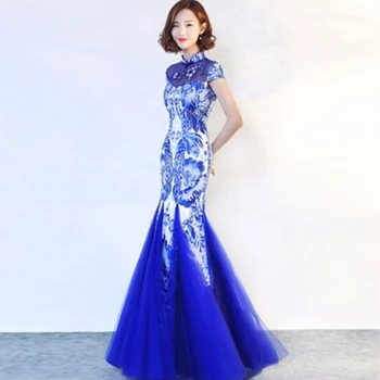 Blue Mermaid Cheongsam Qipao Ilgi Sieviete Modes Kāzu Ķīniešu Kleita Sievietēm Qi Pao Vakarkleita Mūsdienu Vasaras Drēbes Chinoise