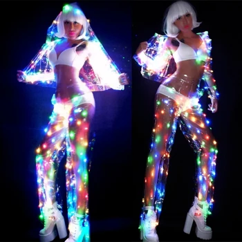 Sieviešu Krāsu LED gaismas Veiktspējas drēbes Mūzikas Festivāls Dziedātāja Deju Grupa DJ Disco deju Kostīmu Sexy LED Viedokļa Uzvalks