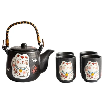 Japāņu stila tējas kopa jauki laimīgs kaķis keramikas tējkanna tējas tase podu, cieta koka paplātes sietiņš sadzīves teaware
