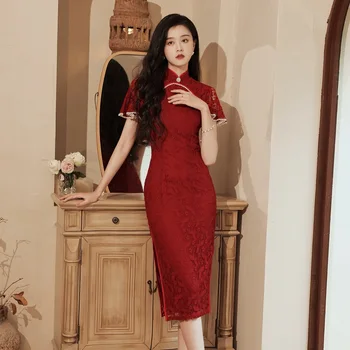 Ķīniešu Cheongsam Tautastērpā Vidēja Garuma Mežģīņu Kleita Retro Uzlabota Slim Banketa Catwalk Cheongsam Karnevāla Kleita