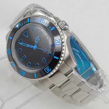 40mm Black Dial Automātiskā Kustības Kupolveidīgs Stikla Miyota Aproce Siksna Zilās zīmes Datuma Logu Sevi Likvidācijas Mens Watch