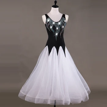 Bērniem konkurences standarta kleita flamenko sieviešu balles deju kleitas ar garām piedurknēm balles svārki, melna balta valsis Tango q052