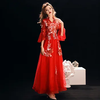 Izšuvumi Ķīnas Austrumu Kāzu Sieviešu Noble Cheongsam Vintage Vakara Kleitu Elegants Mūsdienu Slavenību Banketa Kleitas