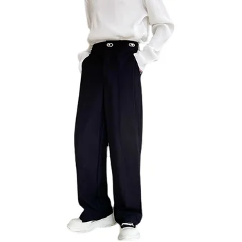Vīriešu Mehāniskās Metāla Sprādzes Streetwear Modes Gadījuma Taisni Atbilstu Elsas Korejiešu Stilā Vintage Jaunības Bikses Melnas Bikses Cilvēks