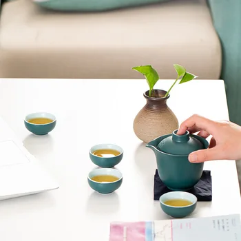 Vintage Keramikas, Porcelāna Kung Fu Tējas Komplekts Ķīnas Zaļā Dizainers Teaware Ceļojumu Āra Vienā Katlā Četras Kausa Portatīvo Tējkanna Dāvanu