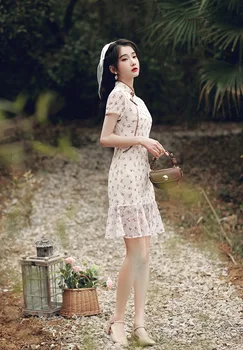 Pavasarī, Vasarā Elegants Īsām Piedurknēm Sirēna Šifona Cheongsam Tradicionālā Ķīniešu Stilā Sieviešu Qipao