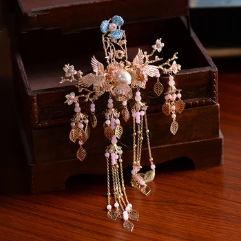 NiuShuya Vintage Ķīnas Līgavas Galvassegu Kostīmu Fāzēm Seno Kāzu Matadatu Zelta Pušķi Līgava Rotaslietas Matu Accessorie