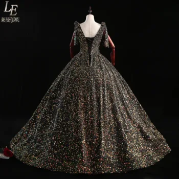 Luksusa princese melnā pilna sequined pasaku tiesa bumbu kleita royal Viduslaiku, Renesanses Viktorijas kleitu Belle bumbu