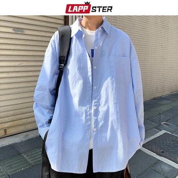 LAPPSTER Vīriešiem korejas Modes garām Piedurknēm Krekli 2021. Gada Pavasarī Mens Svītrainām Zilas Vintage Krekls Vīriešu Kokvilnas Pogu Up Blūze 5XL