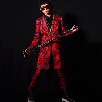 Vīrieši Sarkanā Leopard Print Ilgi Līnis Mētelis, Apmetnis Vīriešu kārtas Dziedātājs, Dejotājs Hip Hop Modes Skatuves Šovs Kostīmu Slim Fit Mēteli DT1131