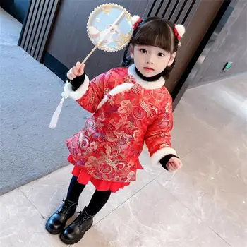 2022Chinese Stila Jauno Gadu Bērnu Tang Uzvalks Cheongsam Meitene Kleita Baby tautastērpā Hanfu Izgriezums, Aproces Plus Samta
