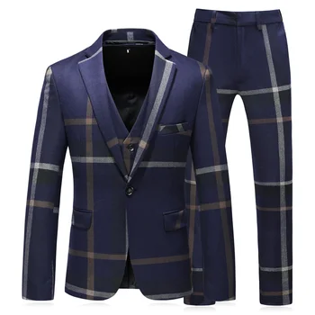 Vīriešu Pleds Svītrainu Uzvalku Trīs gabals Uzvalku Britu Modes Slim Kāzu, Banketu Posmā Kleita Gadījuma Business Plus Izmēra Uzvalks 5XL