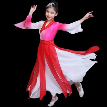 Ķīnas tautas deju tērpu apģērbu hanfu meitenes bērniem posmā valkā valsts seno tradicionālo Ķīniešu deju tērpi DD1944