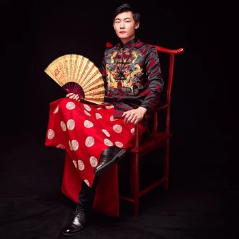 Ķīniešu kāzu drēbes līgavainim sarkana jaka tang Uzvalks Pūķis kleita Drēbes Tradicionālo vīriešu seno stila kāzu tērpu šovs