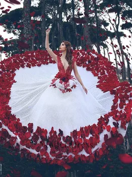 Sarkanas un Baltas Kāzu Kleitas ar 3D Roku darbs Ziedi Peplum Sexy Dziļu V veida Kakla Saūda Arābu Sieviešu Kleitas Kāzu Kleitas