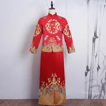 FZSLCYIYI Līgavainis Tradicionālā Ķīniešu Pūķis, Izšūšana, Kāzu Gara Kleita Drēbes, Vintage Apģērbs Elegants Austrumu Tang Kostīmi