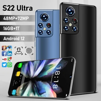 Viedtālrunis S22 Ultra 5G Qualcomm 888 16GB 1T 6800mAh Face ID 48MP+72MP GIobal Versija Android12 Mobilo Telefonu 4G Mobilais