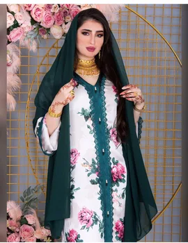 Tuvajos Austrumos Pārrobežu Ins Stila Iespiests Ziedu Mantija, Jalabiya Dubajas Arābu Musulmaņu Garās Kleitas + galvas kleita