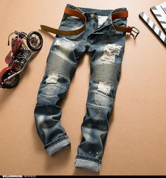 BAIDAFEI Jaunu 2020 Vīriešu Ripped Problemātisko Iznīcināta Slim Fit Taisnu Kāju Džinsi Zīmolu Apģērbu Streetwear Bikses Zila