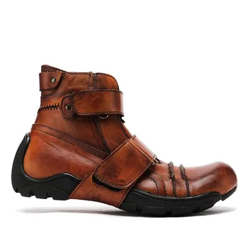 Vintage Mens Casual Īstas Ādas Kārtu Toe Biker Boots Pātagot High-Top Savienoti Ziemas Siltā Āra Modes Potītes Boot
