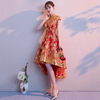 Vintage Uzlabota Līgava Kāzu Kleitu, Kleitas Sarkanas Kleitas Ķīniešu Stilā Augstu Uzrullētu Apkakli Kleita Grauzdiņš Drēbes Sievietēm Slim Vizuļi Qipao