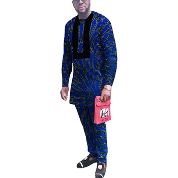 Taisnstūra Dizains Vīriešu Raibs Tops+Krāsains Drukāt Bikses Vīriešu Elsas Uzvalki Pasūtījuma Āfrikas Kāzu Apģērbi