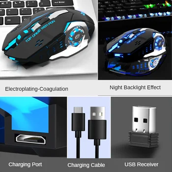 USB Bezvadu Uzlādējamais Peli 2400DPI Datoru Kluso Peli, LED Aizmugurgaismojumu un Ergonomisks Spēļu Klusa Mause, Lai Portatīvo DATORU