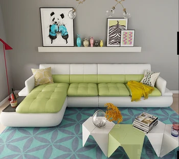 Pielāgota ādas dīvāns nelielā dzīvoklī mūsdienu minimālisma kombinācija, dzīvojamās istabas mēbeles modes ādas dīvāns