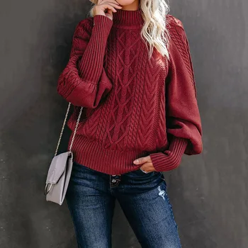 Ir 2021. jaunu ziemā sarkani jauns tuvo kakla džemperis sieviešu zaudēt garām piedurknēm adīts vienkrāsainu džemperi