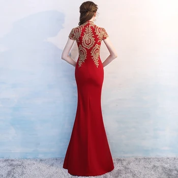 Sarkanā Sirēna Ķīniešu Kāzu Kleitu Sievietēm Sadalīt Sexy Cheongsam Qipao Izšuvumi Vestidos Formales Austrumu Stila Vakarkleitas