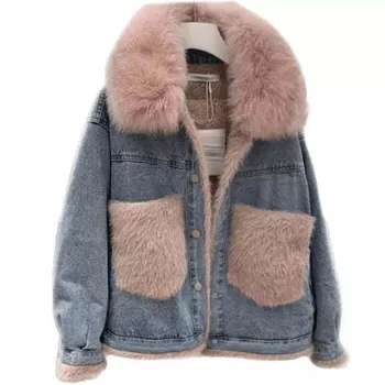 Fox lielās kažokādas apkakles plus samta džinsa jaka sieviešu īsās korejiešu versiju zaudēt bieza jaka, kokvilnas polsterēta jaka, ziemas jaunas