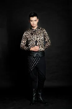 Vintage Modes Britu Stils ! Vīriešu Apģērbu Modes Leopards Drukāt Kniežu Slim Ilgtermiņa piedurknēm Krekls Skatuves Tērpiem / S-xxl