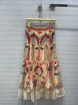 Fyion Ir 2021. Skrejceļa Dizaineru Rudens Ziemas Modes Ilgi Svārki Sievietēm Ar Augstu Vidukļa Vintage Ziedu Izšuvumi Elegants Acs Svārki