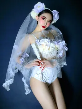 White flower fairy kostīmu ķīnas cosplay halloween puse sieviešu skatuves deju tērpi