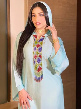 Musulmaņu Abaya Kapuci Kleita Maroka Kaftan Sieviešu Modes Frēzēšana Pušķis ar garām Piedurknēm Zaudēt Hijab Drēbes, Dubaija Drēbes Gaiši Zilā krāsā