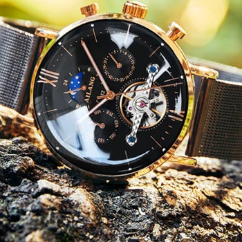 AILANG Jauns Dizains, Mēness Fāzes Vīriešu Mehāniskās Skatīties Tourbillon Automātiskais Pulkstenis Ūdensizturīgs Uzņēmējdarbības rokas pulksteņi montre homme