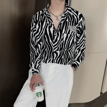 Itāļu Rudens Zebra Drukāt garām piedurknēm Krekls Vīriešu korejiešu Stilā Slinks Stila Krekls Tendence Iedomātā Krekls Vīriešiem Zīmolu Modes Krekls
