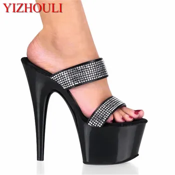 Romānikas 7 collu platformas kurpes, stilīgs rhinestone dāmas posmā kurpes, 17 cm seksīgas augstpapēžu čības