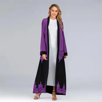 Kimono Abaya Atvērt Priekšējo Kaftan Garām Piedurknēm Dubaija Musulmaņu Sieviešu Mežģīņu Kleita, Jaciņa Raibs Islāms, Arābu Apģērbu Dievkalpojums