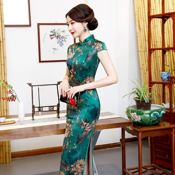 Vestido chino ilgi drukāt īsām piedurknēm augstas sadalīt cheongsam Puls lielums dienas cheongsam mūsdienu māte kleitu modes jūra cheongsam