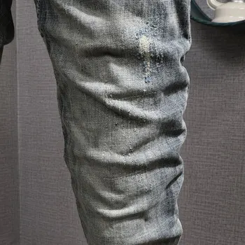 Eiropas American Vintage Modes Vīriešu Džinsi Retro Mazgāt Elastīgs Kokvilnas Slim Fit Ripped Džinsi Vīriešu Problemātisko Dizainers Džinsa Bikses